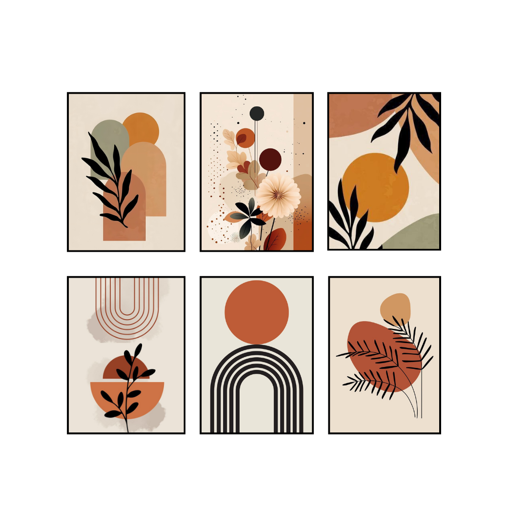 6 Beige And Bistre Room wall decor, Abstract Boho Art, Matisse Wall Art Set Of 6 [6”X8”] frames, Modern aesthetic Posters Minimalist Botanical Plant leaves Prints For bedroom/Living room Decor, Contemporary wall art, Best Quality frame, crystal wood frame