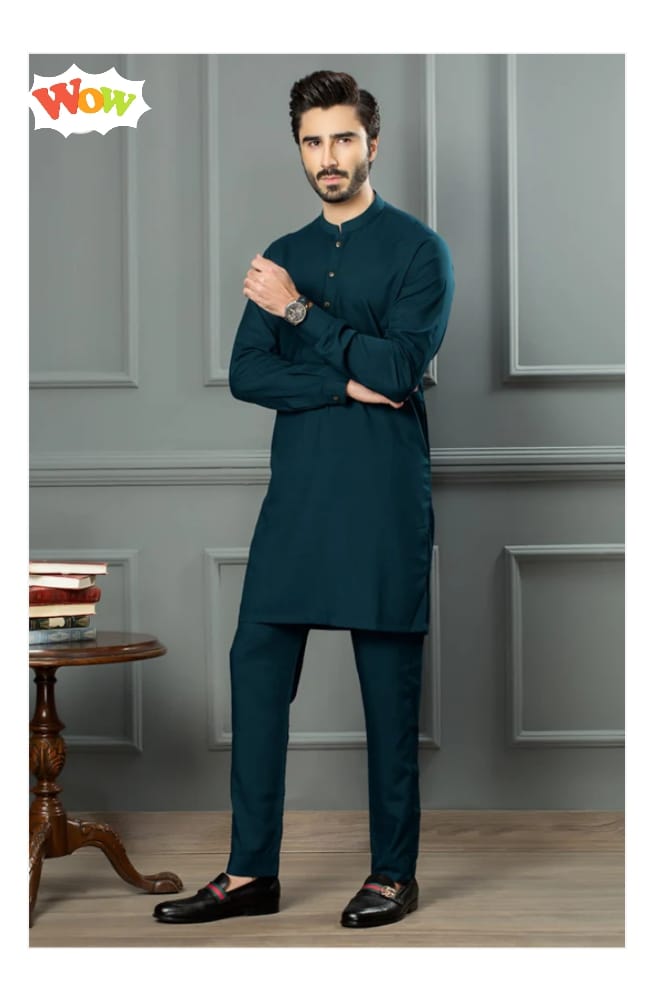 Dark Teal Men's Kurta  Set | Stitched Plain Cotton Kurta Pajama for Men | Comfortable Casual & Festive Wear Traditional Outfit