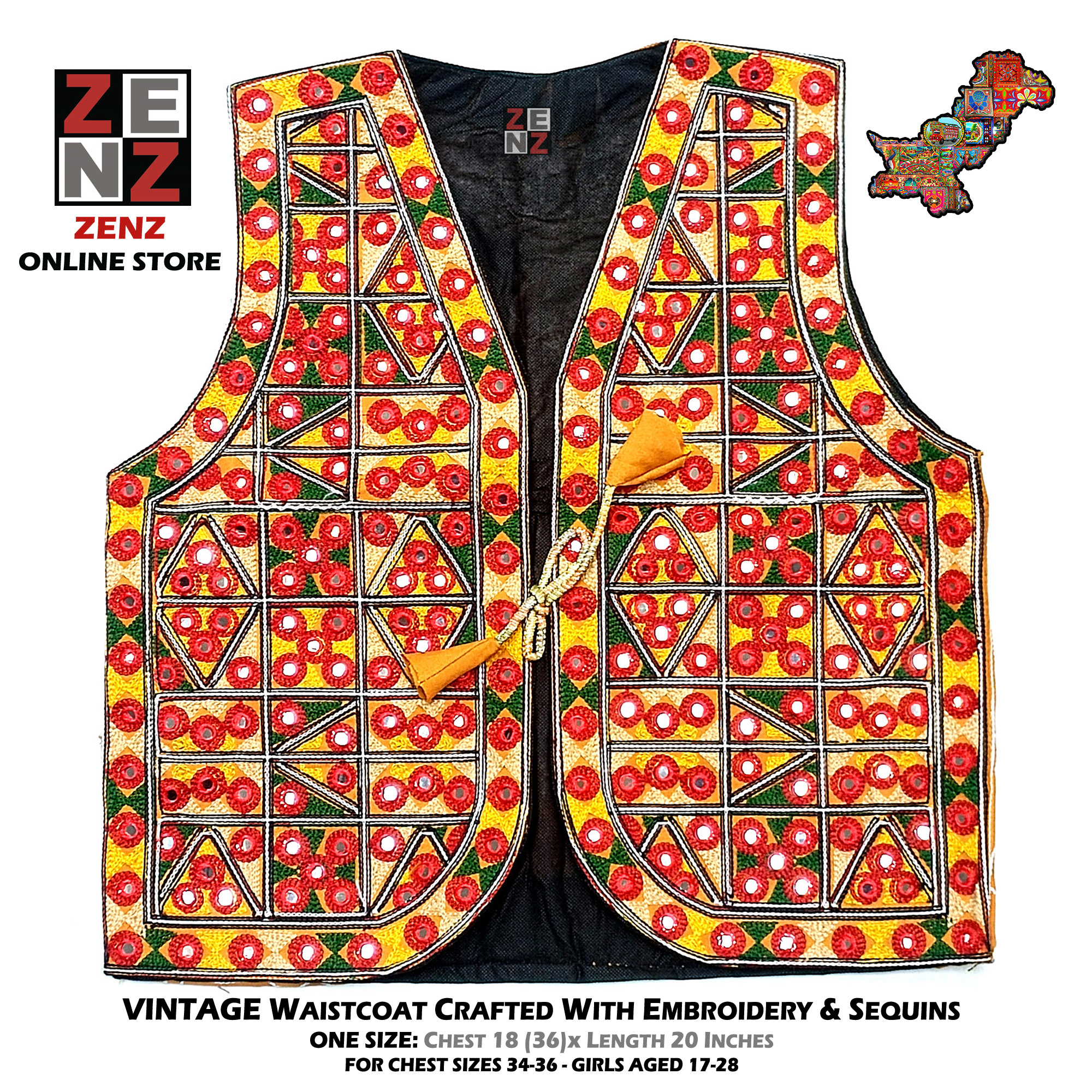 Pakistani Sindhi Balochi Kashmiri Traditional & Cultural Wear Waistcoat Koti Embroidered Zenz Multicoloured Embroidery for Girls & Women