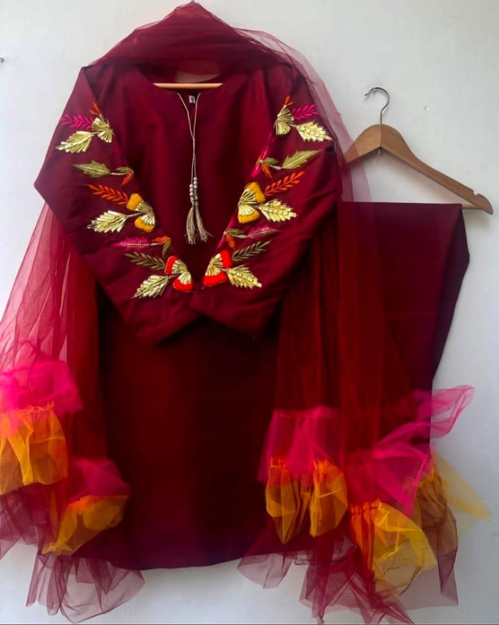 Katan Silk Fancy Net Dupatta Embroidery Three Pieces For Girls.