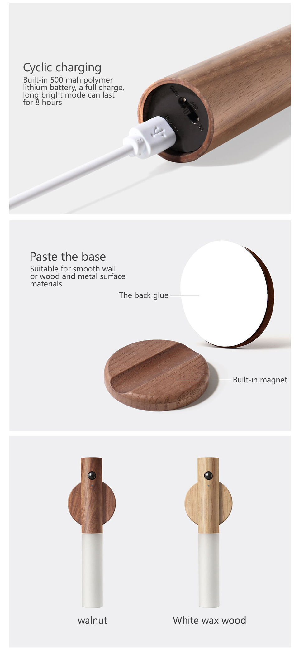 Led Wood Night Light Pir Motion Sensor Magnetic Wall Lamp Usb Rechargeable Lights Home Staircase Bedroom Lamp Bedside Lighting