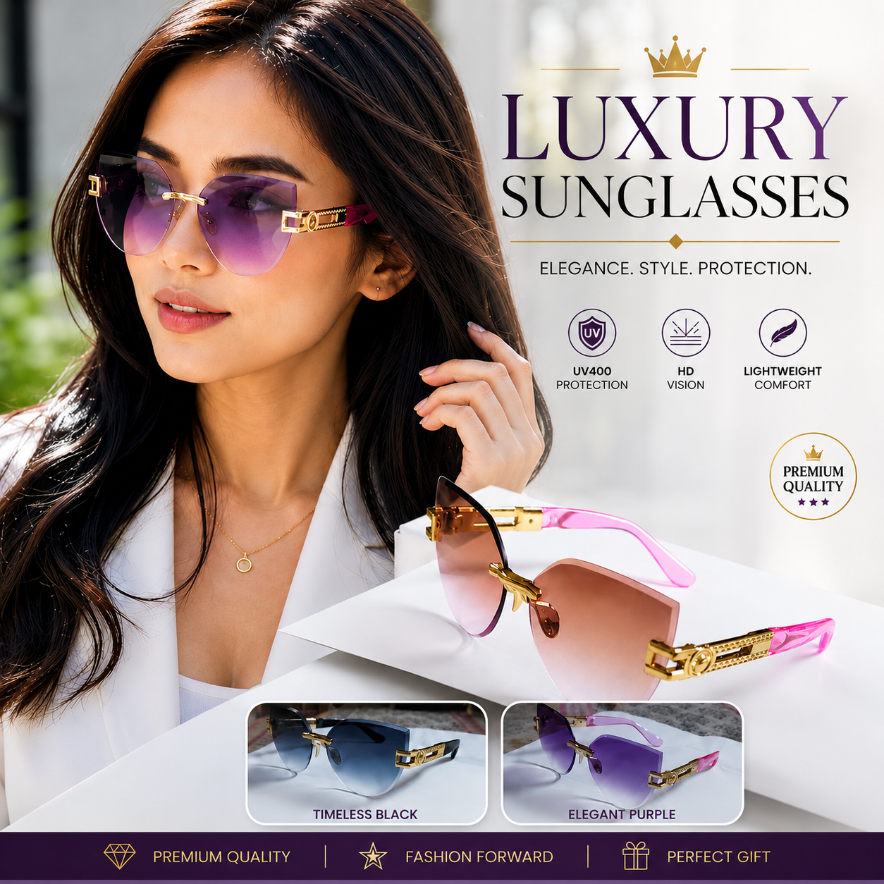 Luxury Rimless Cat Eye Sunglasses for Women - Gradient UV400 Protection Shades | Fashion Designer Frameless Ladies Eyewear | Trendy Oversized Butterfly Sun Glasses for Girls | Stylish Gold Metal Shaded Lens | Outdoor Driving Travel Shade Pink Purple Black