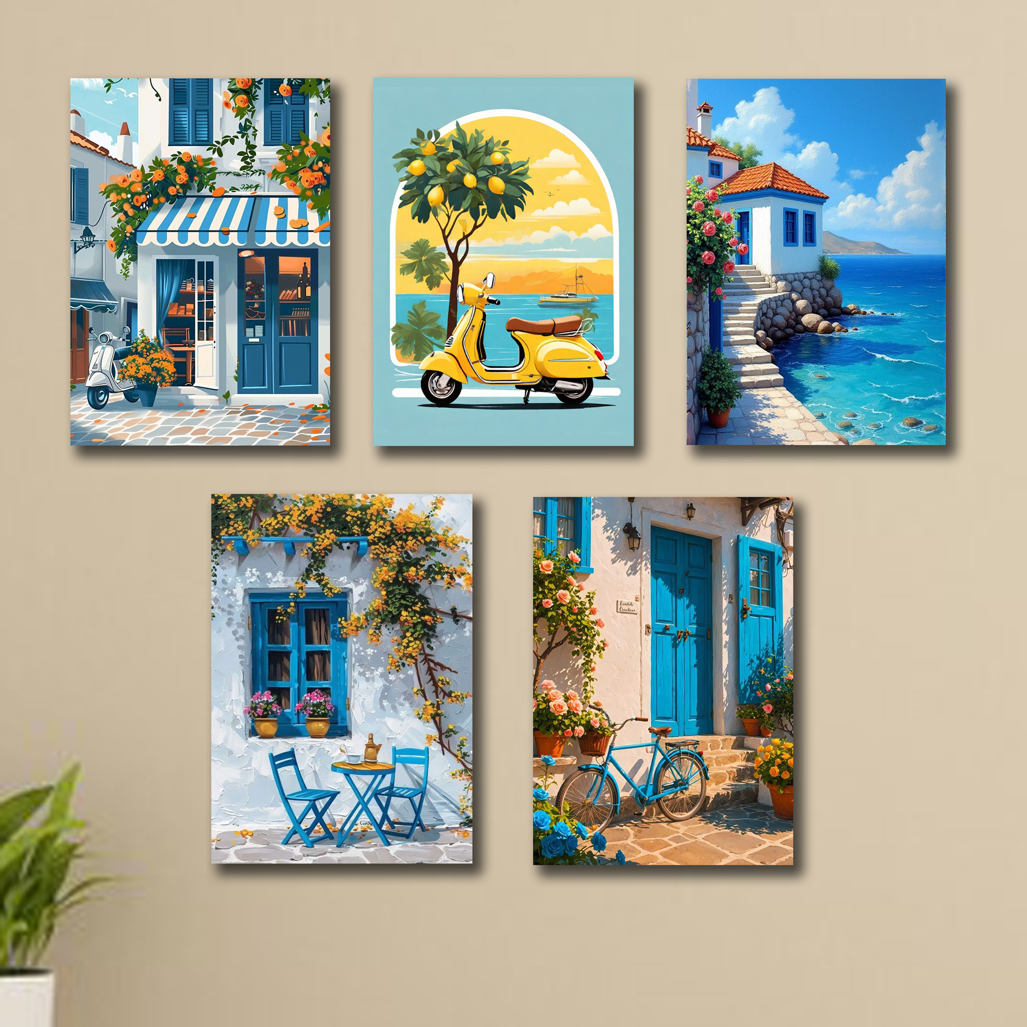 Pack of 5 italian homes theme wall art wooden frames for home decoration / sticky phototiles