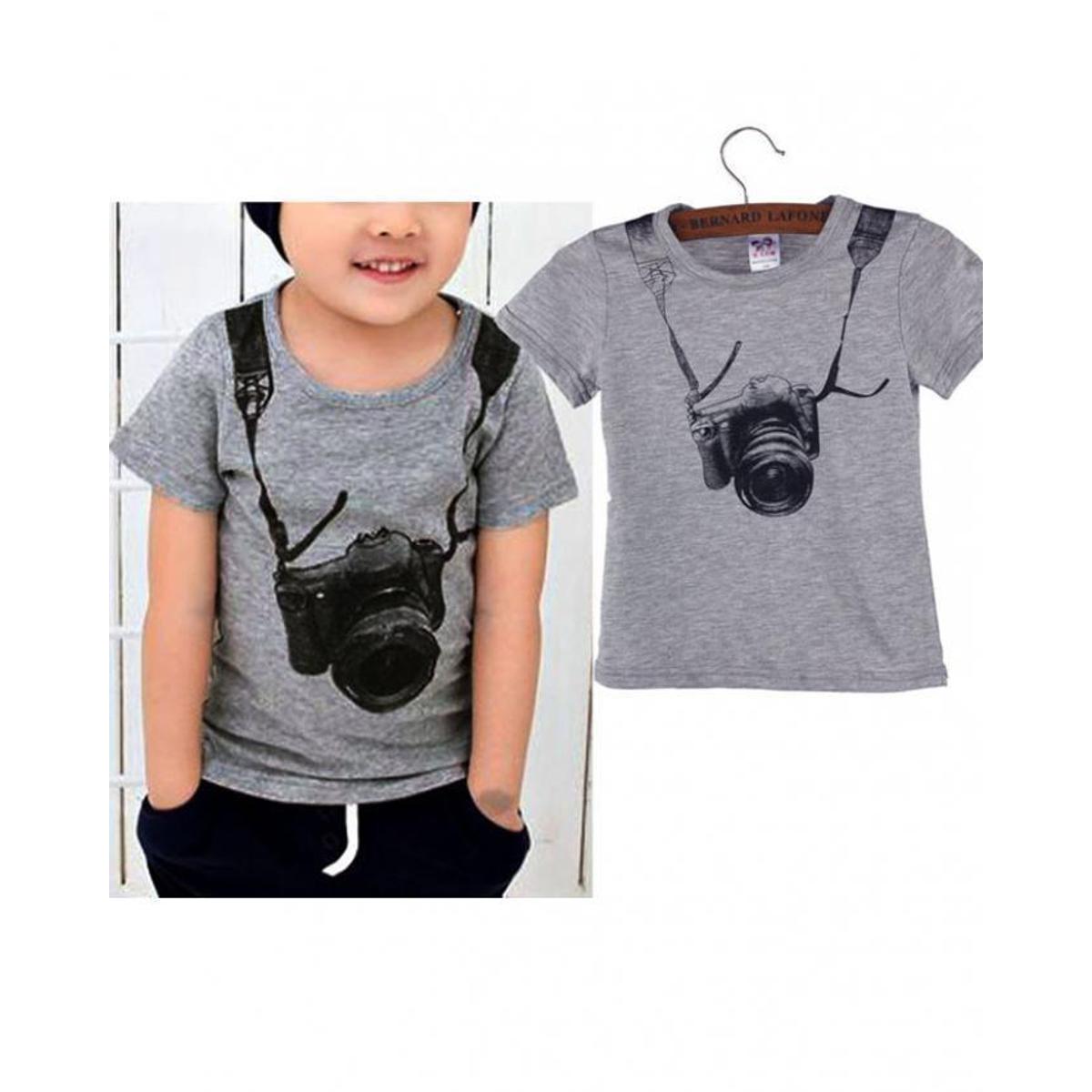 grey Camera Parttern Cotton T-Shirt For Kids
