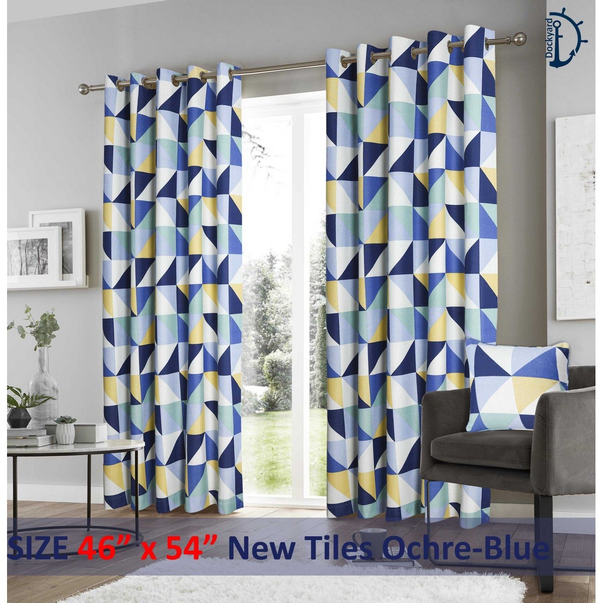 Curtain Set, Printed curtains for room  New Tiles Yellow-Navy Blue  Pack of 2 Curtains