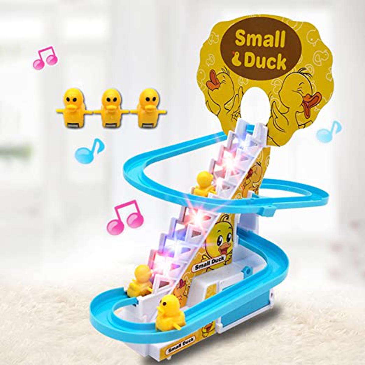 Rollercoaster Toy, Electric Duck Climbing Stairs Toy with Flashing Lights & Music On/Off Button for Toddlers and Kids