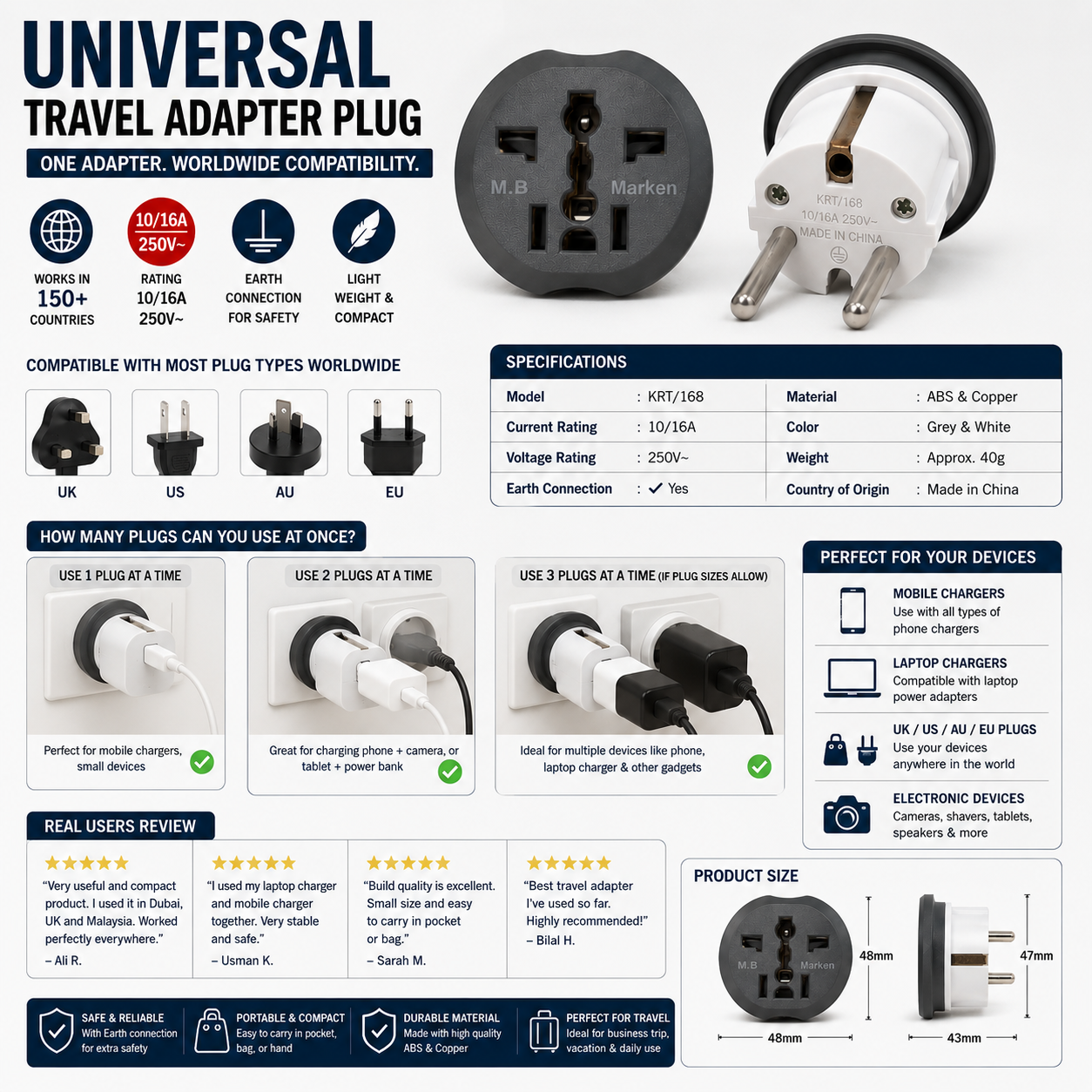 Universal Travel Adapter Plug KRT/168 | Universal Socket Adapter | 10/16A 250V EU 2 Pin Plug | Travel Plug Converter | UK US AU EU Compatible | Portable Adapter