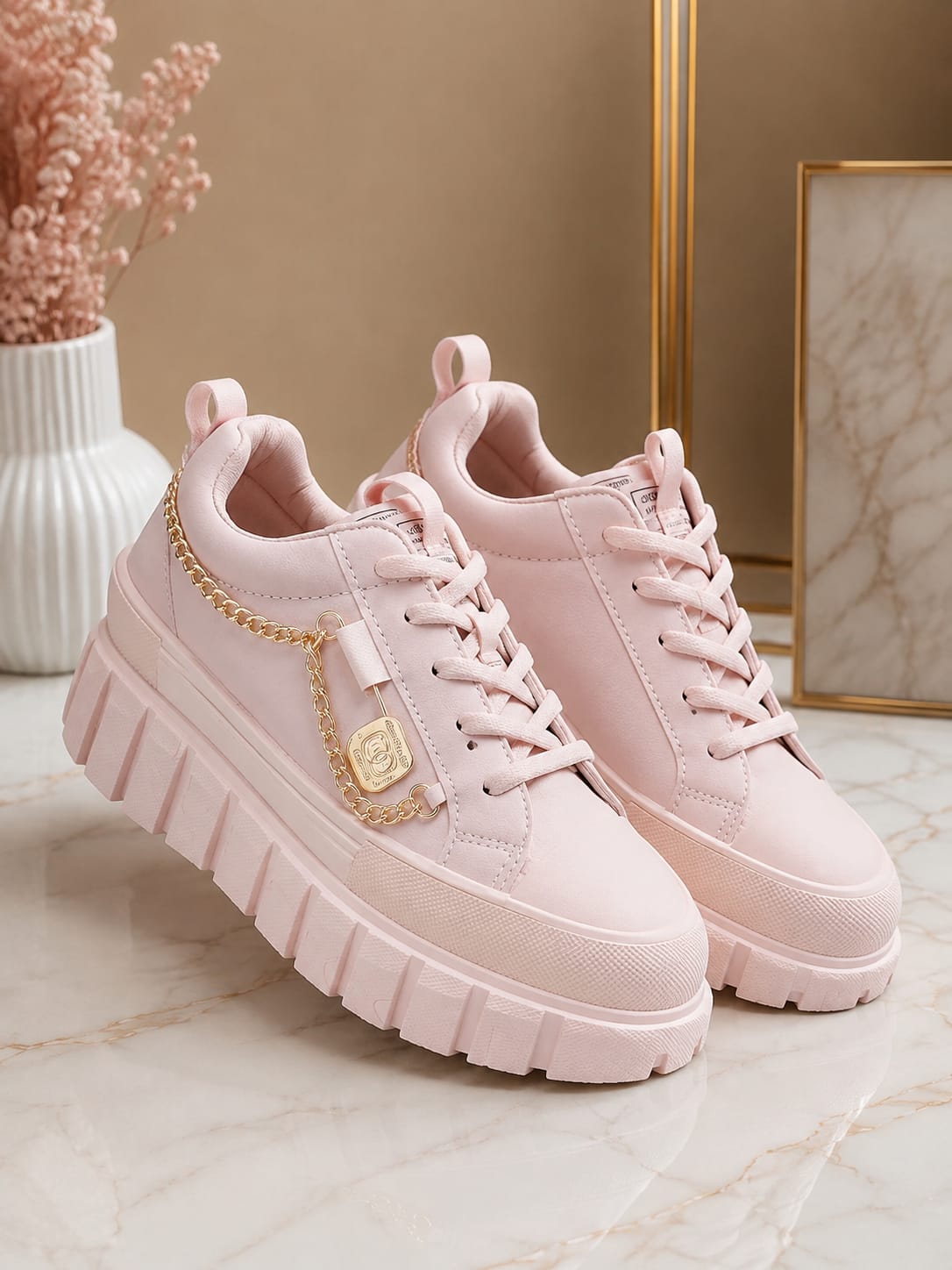Women's Light Pink Chunky Platform Sneakers with Gold Chain Charm | Casual Lace-Up Fashion Shoes | Thick Sole Walking Shoes