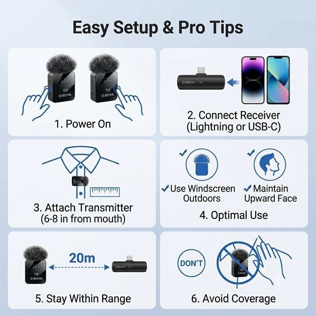 BOYA BY-V20 Dual Wireless Lav Microphone 2.4GHz Omnidirectional Clip-on Mic for Smartphones Tablets Cameras Vlogging Interviews