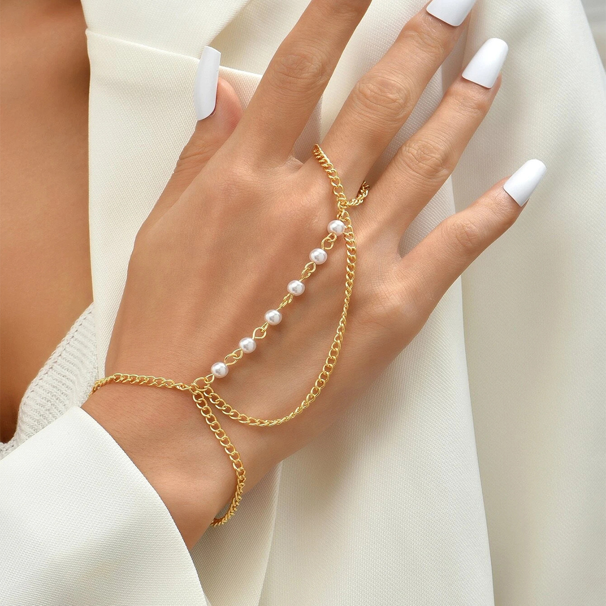Charm Pearl Beads Connected Finger Bracelet Female Metal Hand Harness Chain Ring Fashion Jewelry