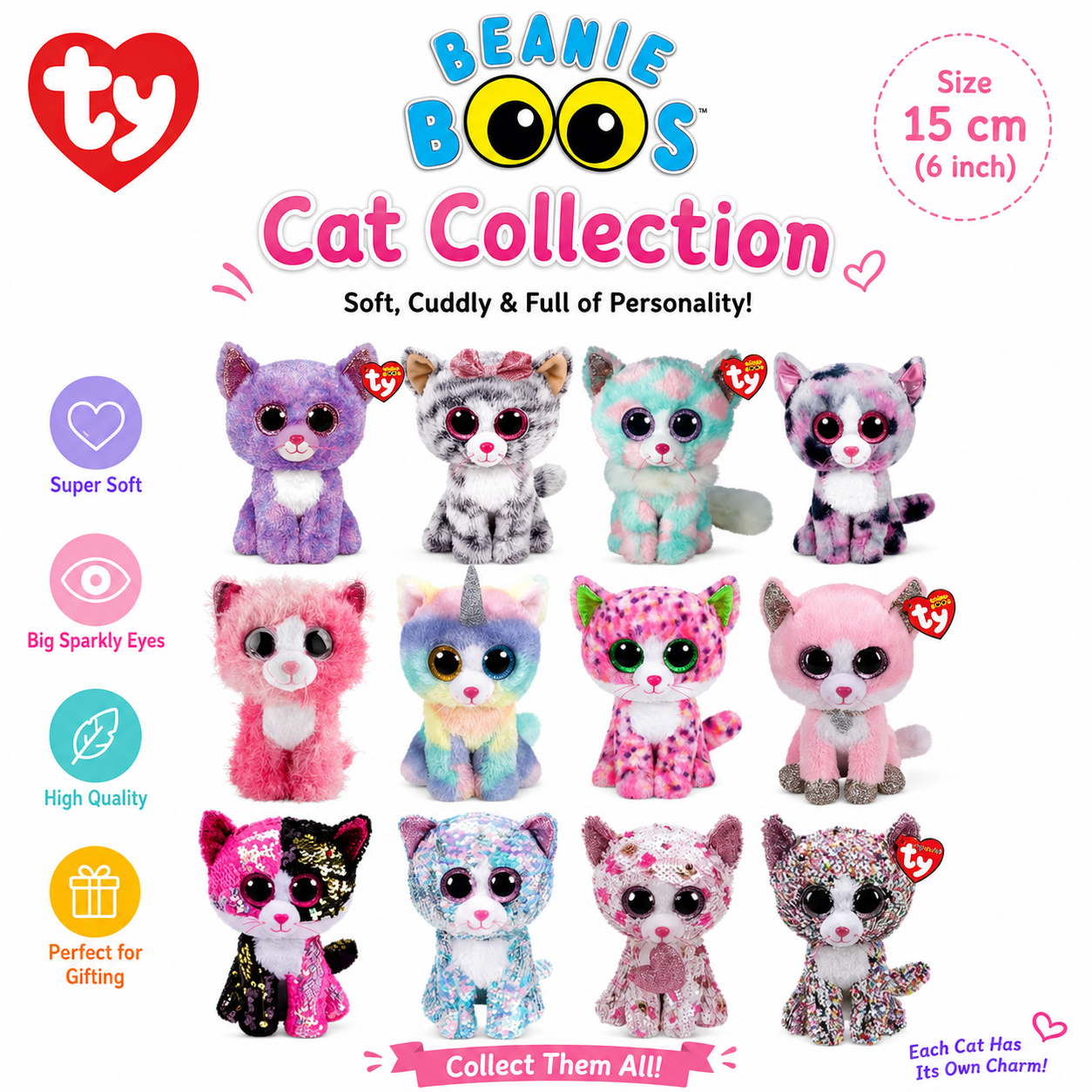 TY Beanie Boos Babies Cats Collection 15cm | Glittery Eyes Soft Plush Toys | Cute Stuffed Cat Dolls | Premium Gift for Kids & Collectors