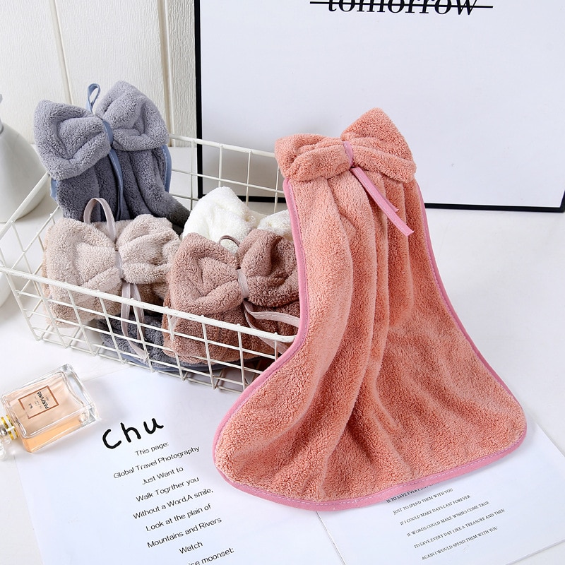 Cute Bowknot Coral Velvet Hand Towel Soft Wipe Dishcloths Hanging Absorbent  Cloth Kitchen Tools Bathroom Accessories 30*33cm