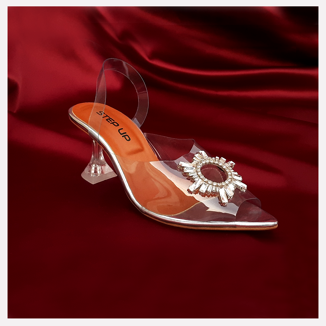 Transparent Pointed High Heel Sandals for Women, Clear PVC with Rhinestones, Elegant Wedding Pumps