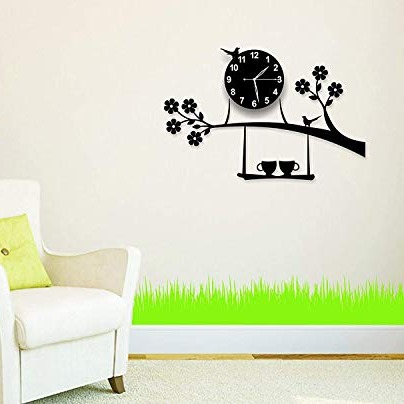 H&H Birds on Tree with Coffee Cups 3D Wooden Wall Clock | Quartz Watch DIY Design Decoration for Home Decor | Cup Tree Wooden Clock for Kitchen and Drawing Room and for Gift Items