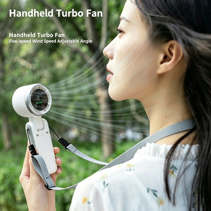 New High Speed Turbo Handheld Fan USB Rechargeable Mini Portable Fan with Digital Display | 5 Speed Foldable Pocket & Neck Hanging Cooling Fan | Ultra Quiet Travel Fan