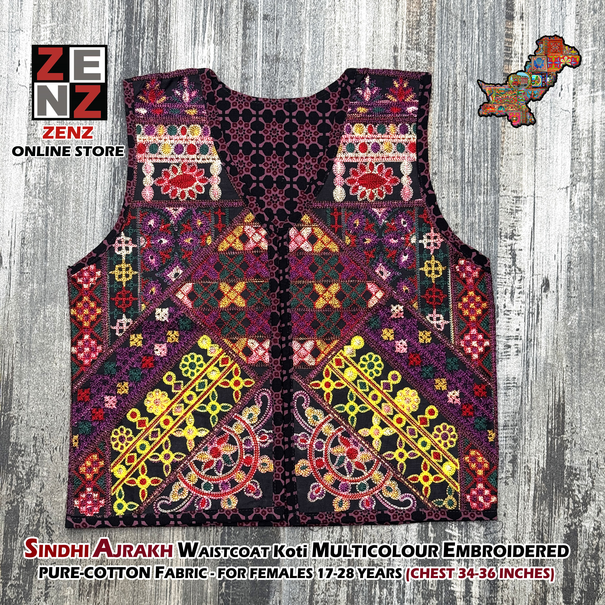 Sindhi Ajrak Traditional & Cultural Party Wear Embroidered Cotton Gilet Waistcoat Koti for Females Girls Women by ZENZ