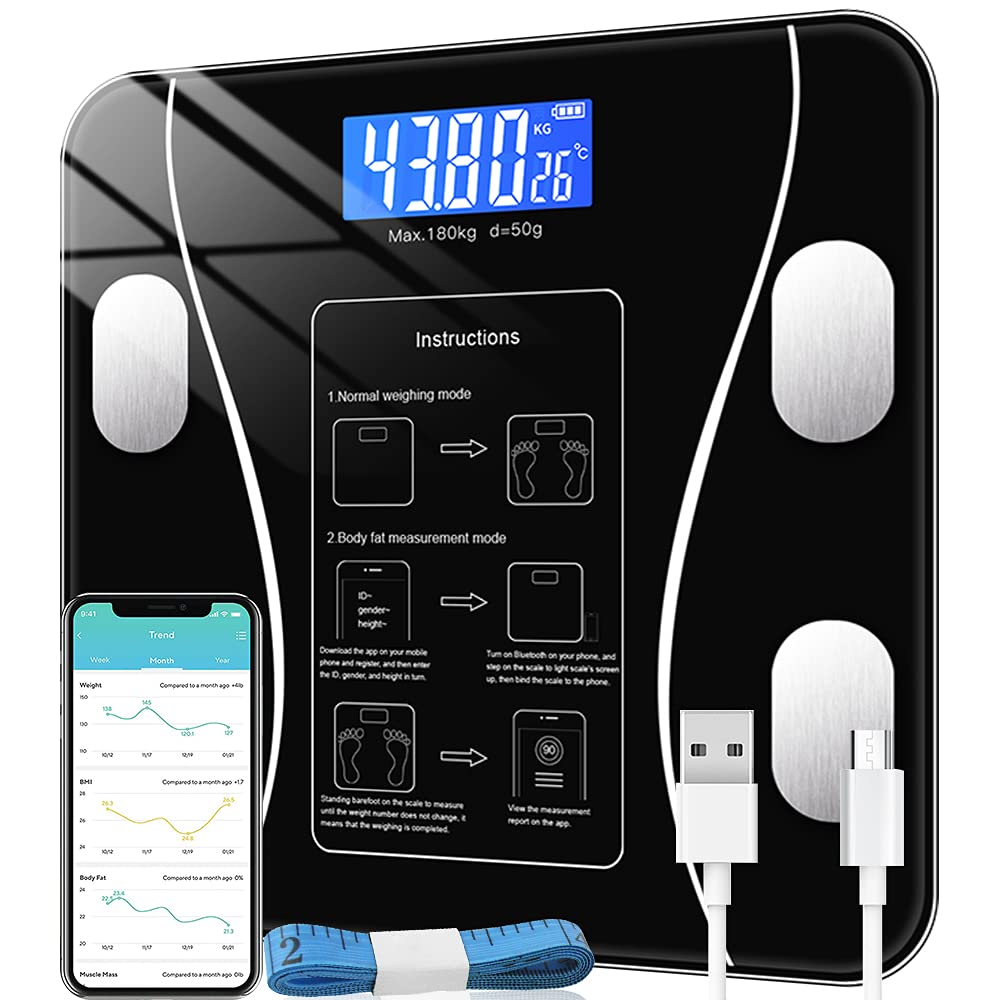 Histro Digital Bathroom Body Weight Scales with Body Tape Measure, Smart Bluetooth USB Charging Scale for BMI and Weight Loss, Sync 11 Data with Fitness Apps, 400 lbs (Black)
