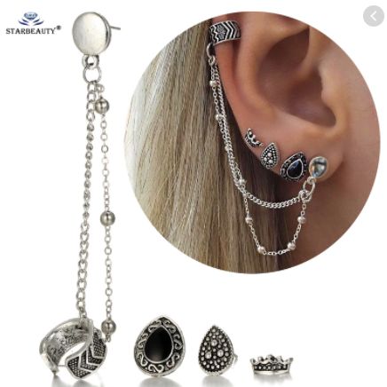 Fashion 4PCS/Set Royal Crown Bijoux Heart Long Chain Tassel Earring Helix Piercing Women Jewelry