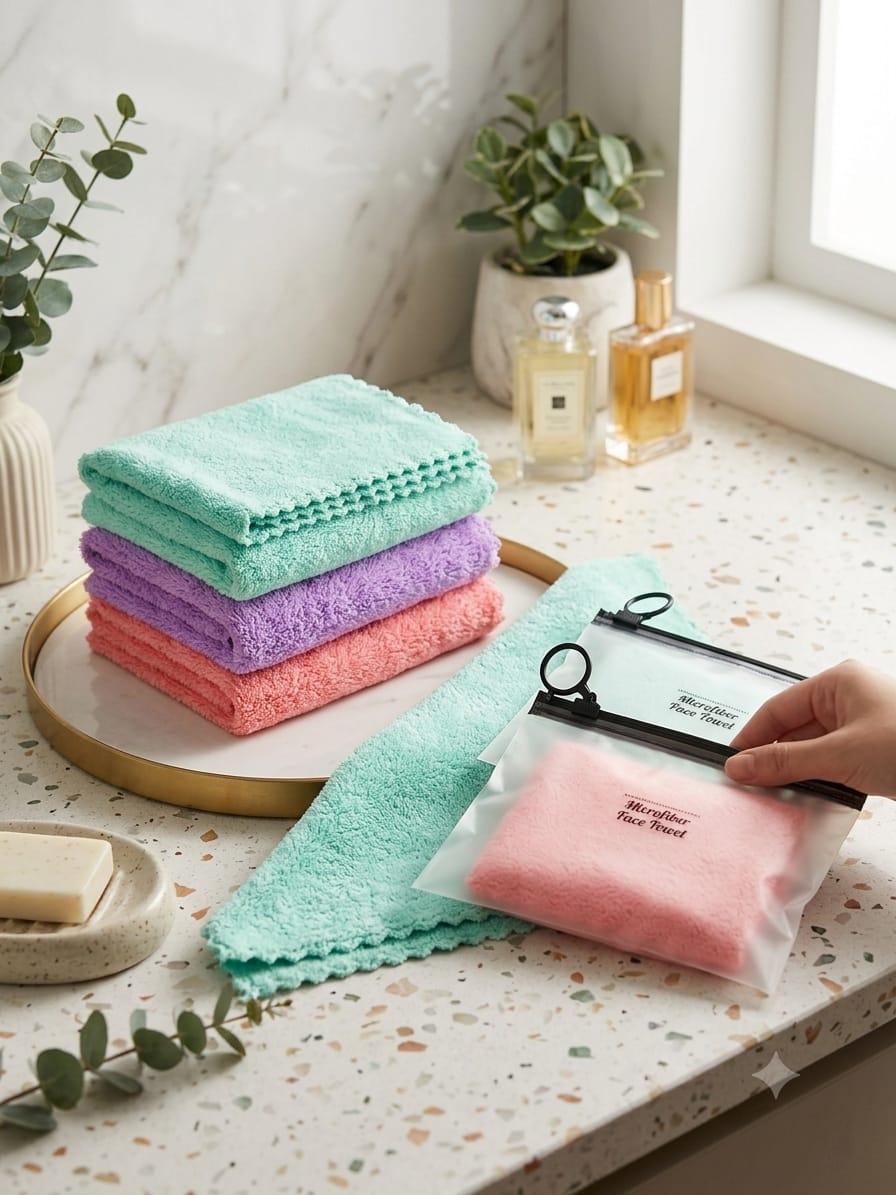 Premium Microfiber Face & Gym Towel Set – Ultra Soft Absorbent Small Hand Towels for Sports, Fitness, Skincare & Makeup Removal | 3-Pack with Portable Travel Pouch