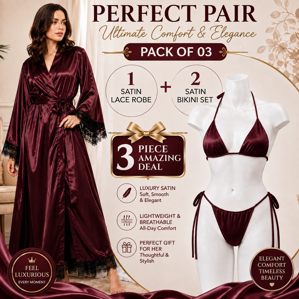 Pack of 03 - Pure Satin silk saxy hot honey moon nighty set, saxy nighty, saxy nighty dress for women, saxy night suit for girls, hot saxy night suit for Girls, Satin Silk Gown Night Dress Satin Robe Short Kimono for Bride Lace with Bikni Set - Maron