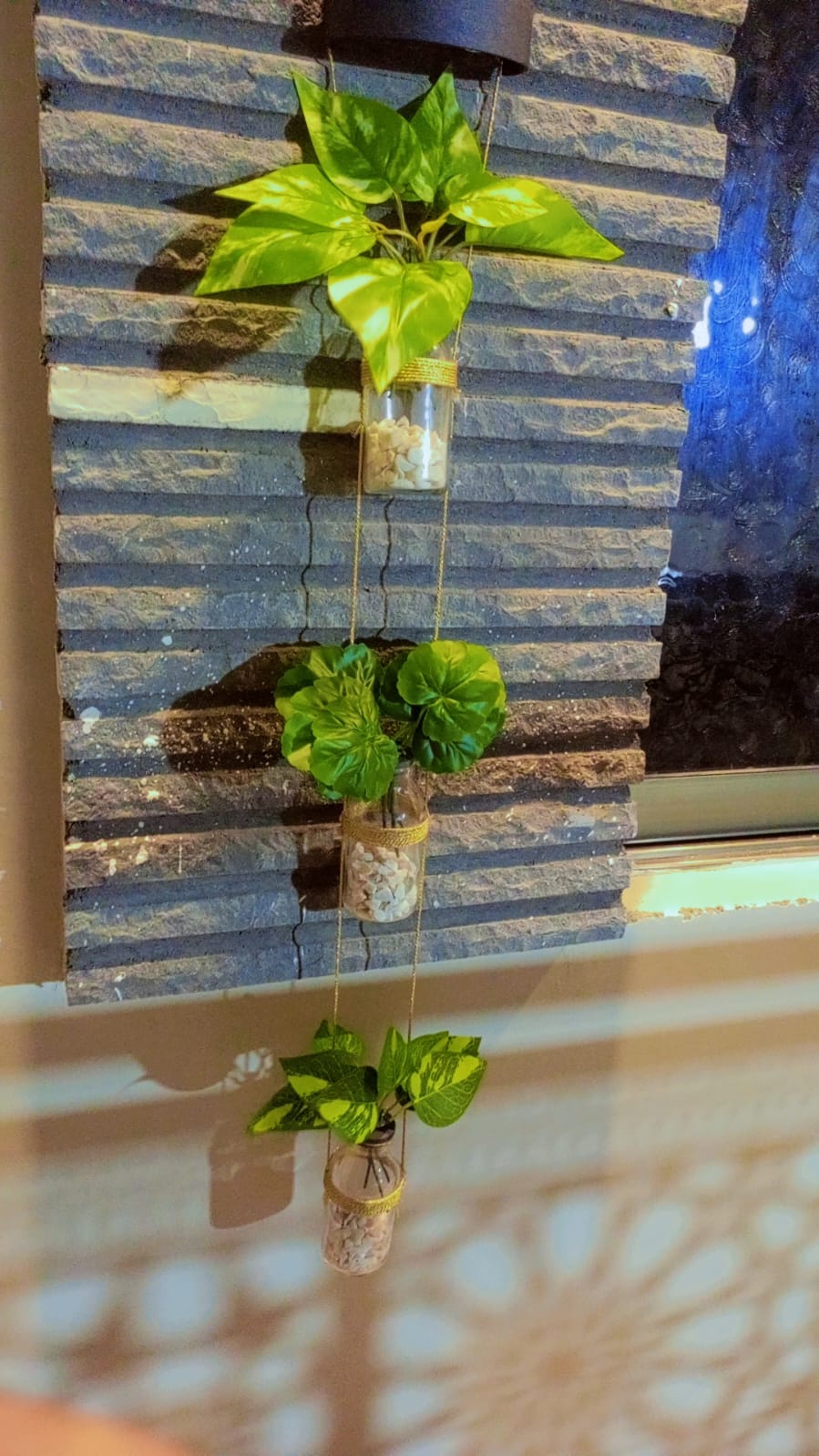 Hanging Bloom Bottles Wall Decor with Artificial Plants, Jute Rope and Decorative Stones