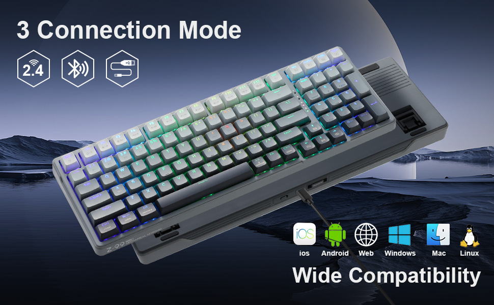 E-YOOSO Z-99 Tri-Mode Wireless Mechanical RGB Gaming Keyboard 99 Keys Silver Wood Hot Swappable Switches Gasket Design Gradient Grey 17 d38636601072346b92f0abf18dc1685a
