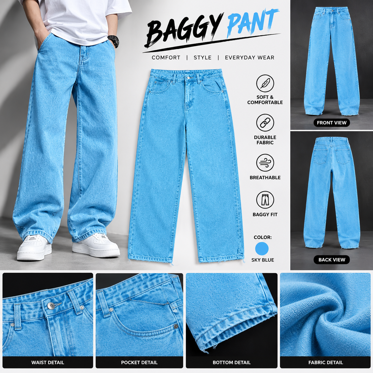 👖🔥 Sky Blue Baggy Jeans for Men & Boys 💙 | Loose Fit Wide Leg Denim Pants ✨ | Korean Streetwear Fashion 😎 | Trendy Casual Trousers 🛍️