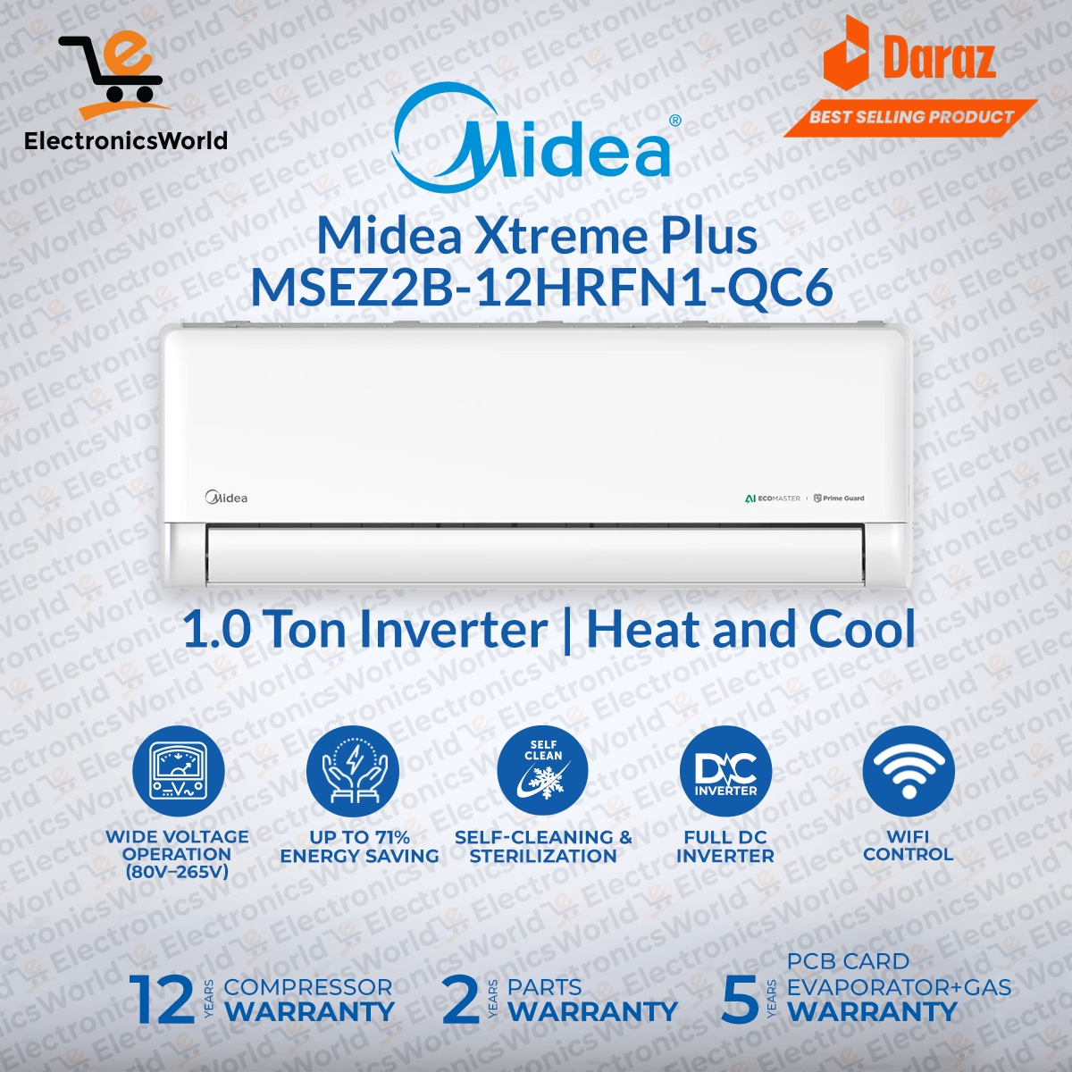 Midea 1 Ton Full DC Inverter AC | Model MSEZ2B-12HRFN1-QC6 Xtreme Plus Series | А++ Еnеrgу Сlаѕѕ | T3 Compressor | Heat & Cool | Up to 71% Energy Saving | WiFi Enabled | Self-Cleaning & Sterilization