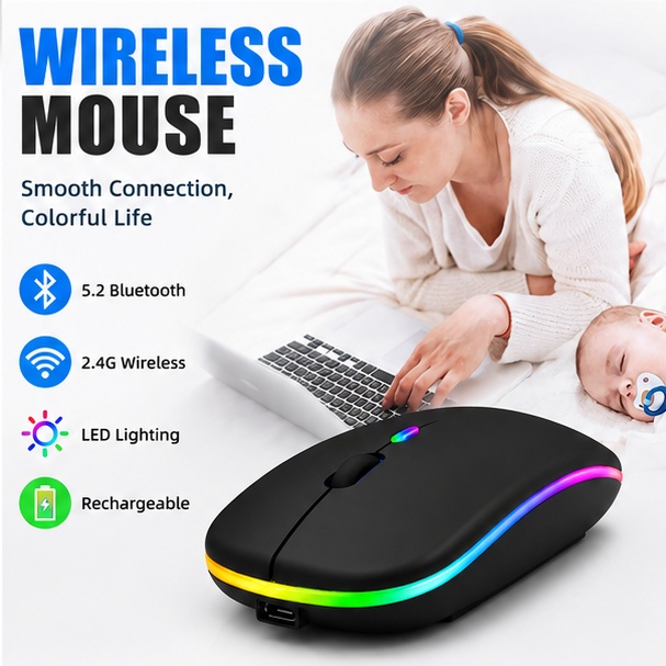 Wireless Mouse Bluetooth 5.2 + 2.4G | Rechargeable Silent Mouse with RGB LED Light | Slim Portable Mouse for Laptop PC Computer