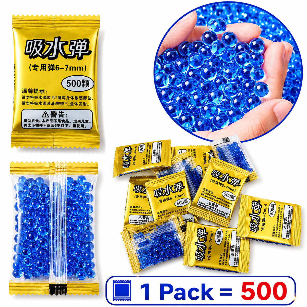 500-Piece Gel Blaster Ammo – Non-Toxic Water Beads Body: Stay fully loaded with our 500-count refill pack of 7–8mm water-based gel balls! Perfectly sized for most gel blasters. Just soak, shoot, and reload!