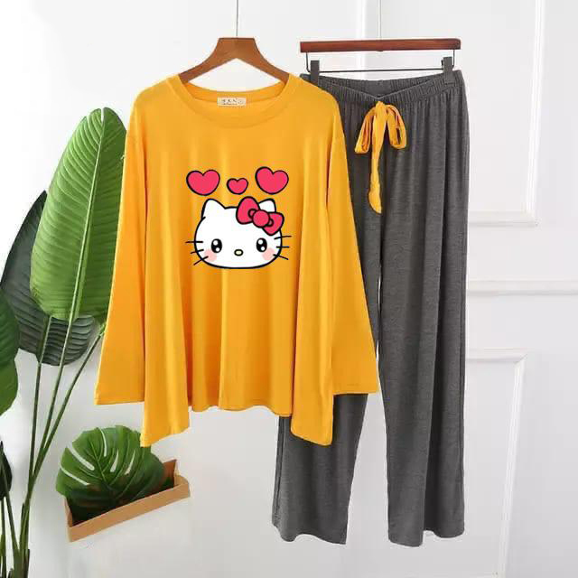 Cozy Wear Women’s Long Sleeve Stylish Hello Kitty Printed Night Suit Set – Soft & Comfortable Lounge Wear Pajama Set for Women – Casual Sleepwear Home Wear Two Piece Outfit.