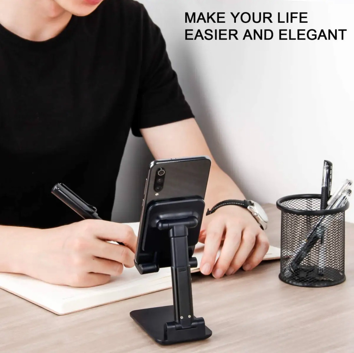 Universal Foldable Desk top Mobile Phone Stand Bracket Holder, Mobile Phone Stand Mount Adjustable Flexible Desktop Smart Phone Tablet Holder Pocket Size Product Easy to Carry for Study and Office Use Compatible with all size Mobiles (Black - White Color)