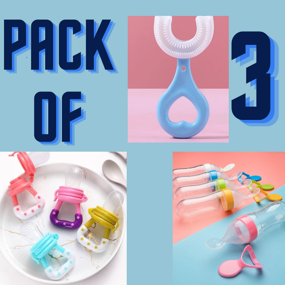 Pack Of Three 3in1 Easy  Portable Teething Silicone Baby Baby Fruit Pacifier and Toothbrush U-Shaped Baby Baby spoon feeder