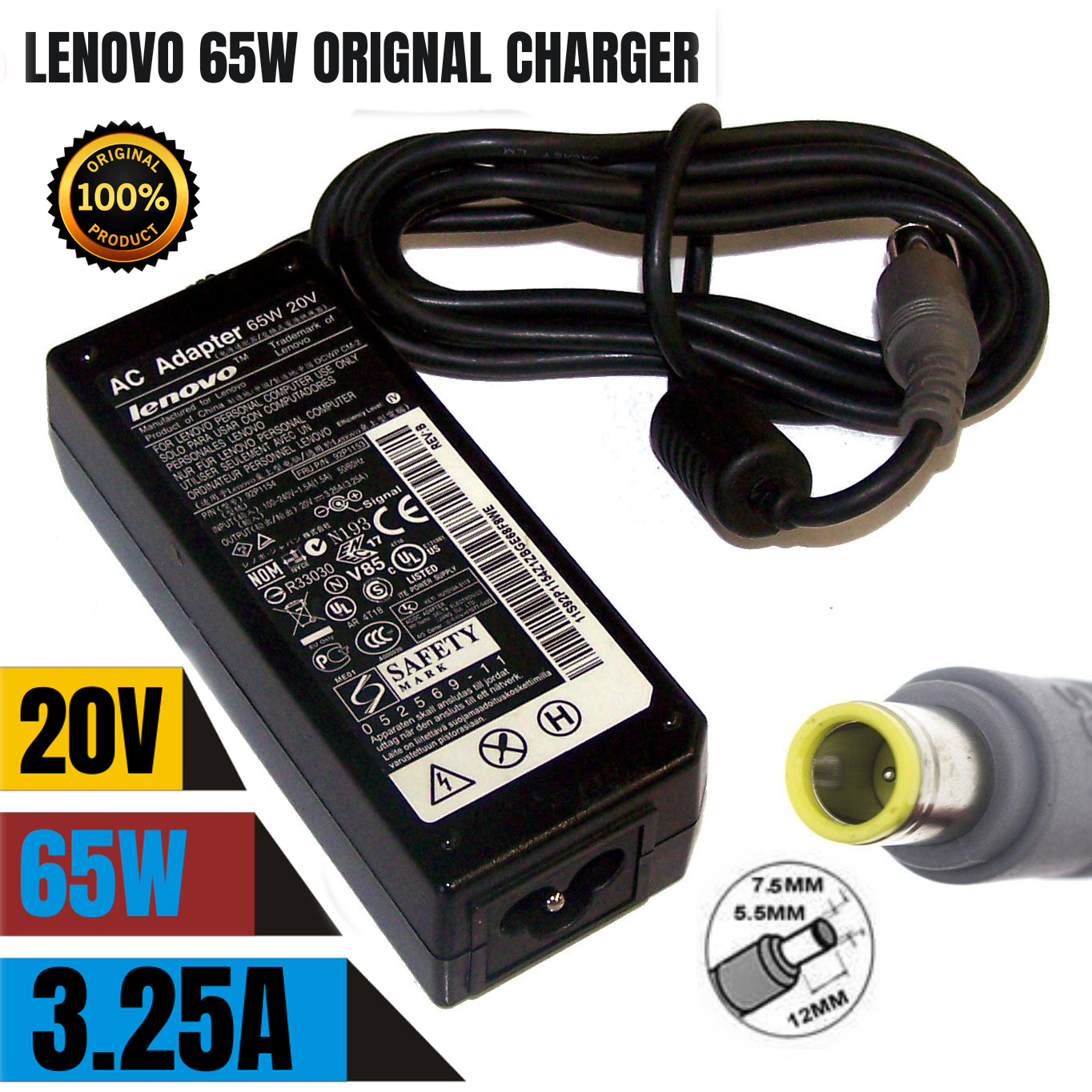 Genuine Lenovo Laptop Charger 65W 20V 3.25A AC adapter Power Supply