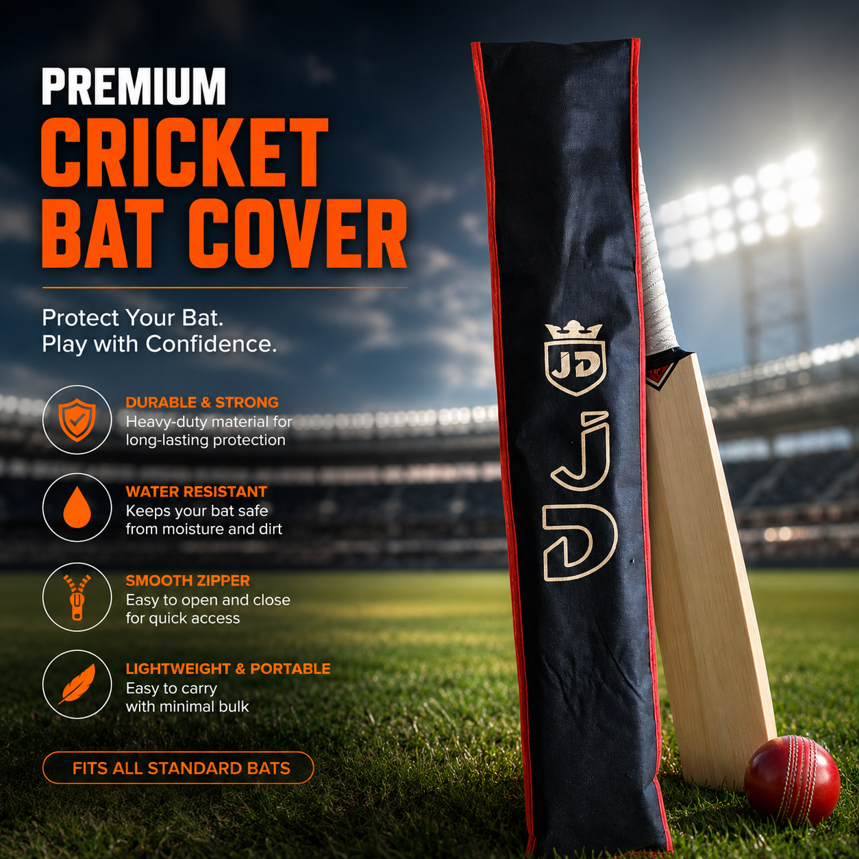 JD Premium Cricket Bat Cover — Water Resistant, Durable Heavy Duty Protection Bag with Smooth velcro | Lightweight | Fits All Standard Size Cricket Bats