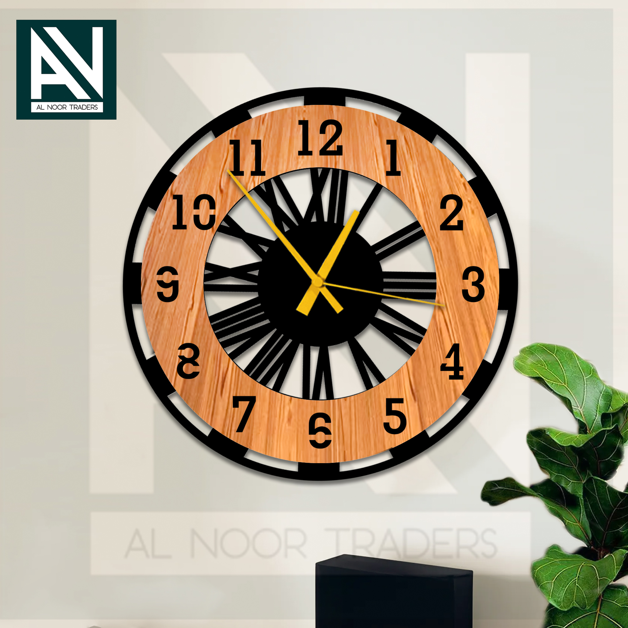 Al Noor Traders Brand 3D Wooden 10.5 by 10.5 inch Round Wooden Brown And White rised digits Creative wall clock With Light And whitout Light wall clock | CLocks | Wall DEcoration items | DECRative items  |