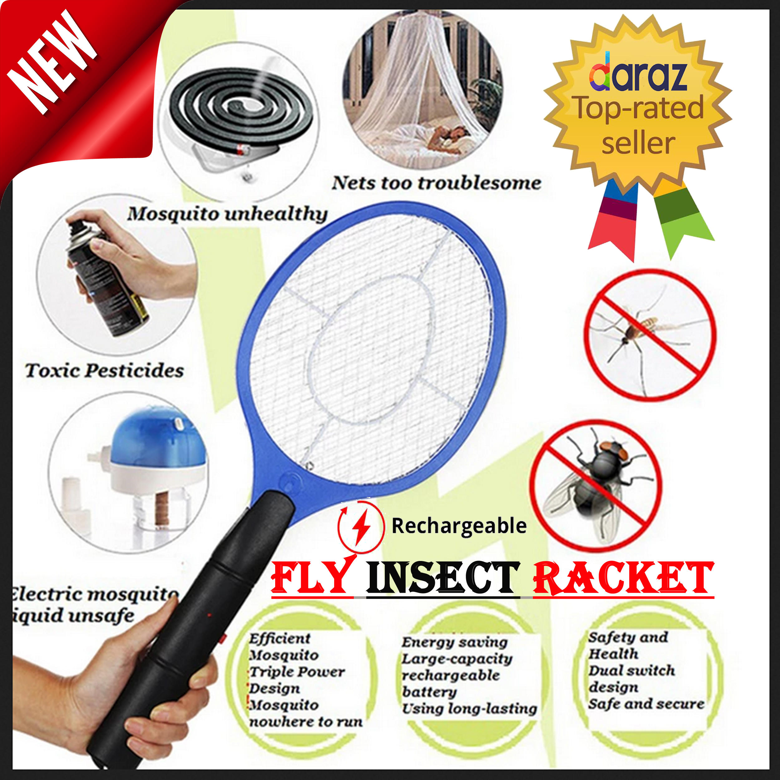 Rechargeable Mosquito Killer Racket Chargeable Electric Insect Fly Killing Tennis Bat Racket Hot Electronic Mosquito Bug Killer Swatter Bug flies Zapping Hand Racket Home Garden Bedroom Living Room Fly Mosquito Zapper Original High Quality Killing Racket
