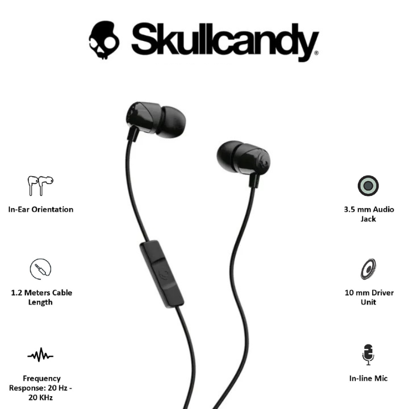 💯 Original Skullcandy 3.5mm Plug Jib Wired Earbuds with Noise Isolating Fit, Built-In Microphone Call and Track Control, Convenient for Travel