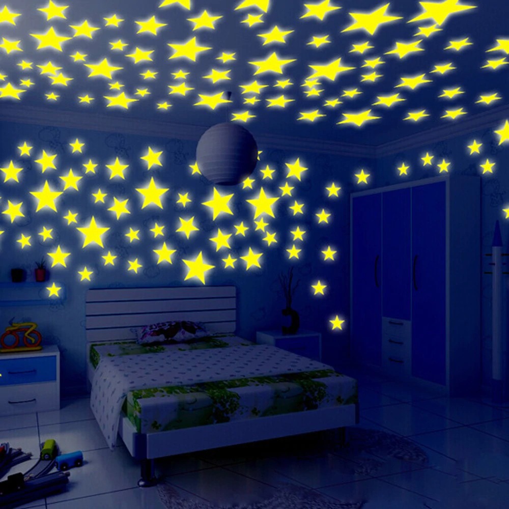 Pack of 100 3D Stars Glow in the Dark Wall Stickers Luminous Fluorescent for Kids Room Bedroom Ceiling Home Decor