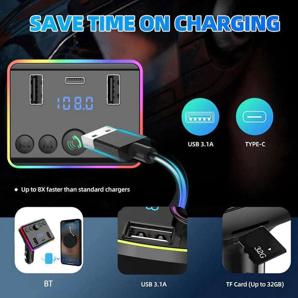 Handsfree Call Car Charger, Bluetooth 5.3 USB Car Charger Adapter FM Transmitter Radio Receiver, with Remote Control - Type-C + USB, Noise Reduction for 12-24V Vehicles, Music Playback,