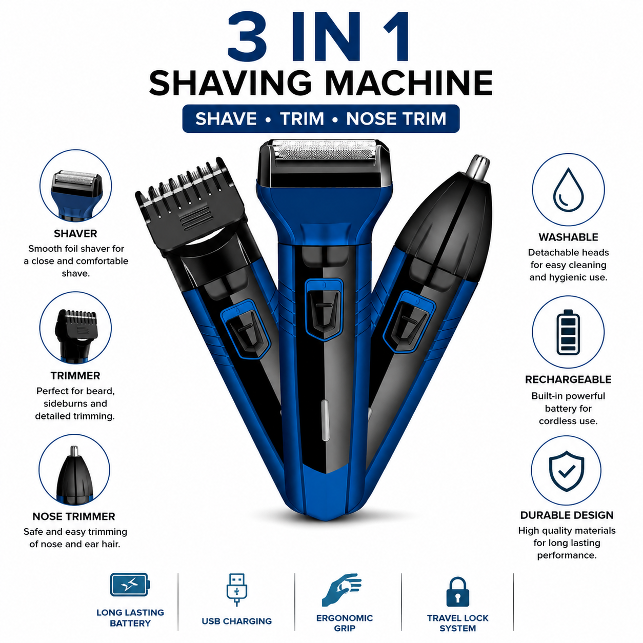 3-in-1 Professional Hair Trimmer for Men – Corded Beard Trimmer, Hair Clipper & Electric Shaver Machine | Zero Cut Precision Blade Grooming Kit for Beard, Mustache, Hair Cutting & Facial Styling | Salon Quality Barber Trimmer for Home & Professional Use