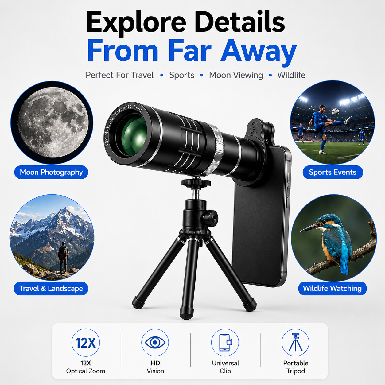 Zoom Lens For Mobile 12X HD Telephoto Lens Mobile Camera Lens With Stand Universal Clip On Zoom Lens For Photography Bird Watching Long Distance Shooting