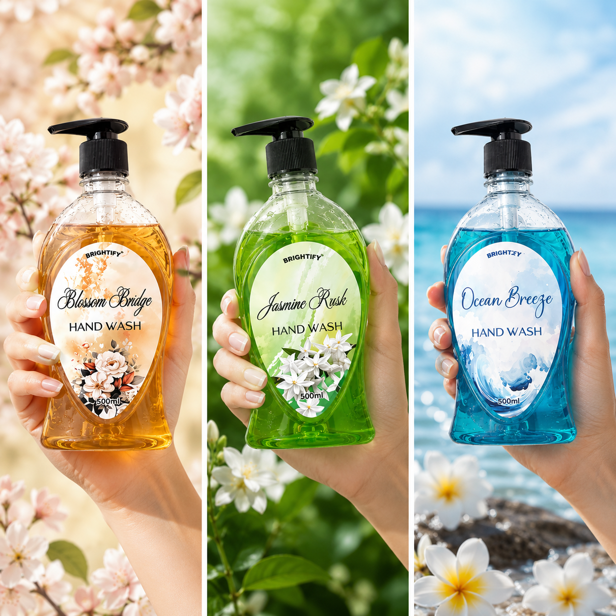 Brightify Hand Wash 500ml | Jasmine Rush, Blossom Bridge & Ocean Breeze | Vitamin E Moisturizing Liquid Soap price in Pakistan