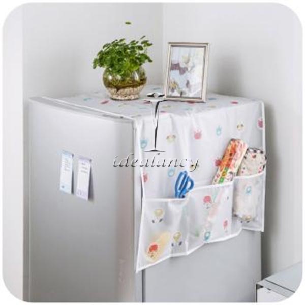 Fridge Cover with Pockets Printed Fridge Dust Cover Waterproof Refrigerator Dustproof Cover Household Freezer Top Hanging Bag Fridge Storage Bag Appliance Protector Organizer Top Cover