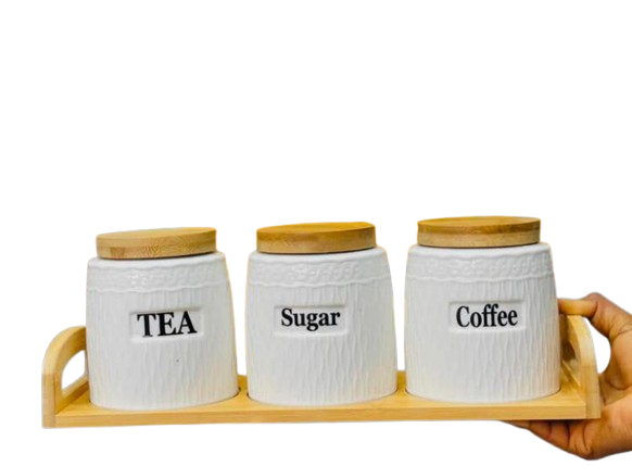 Ceramic Tea, Coffee and Sugar Canister Set (White_750ml) Set of Jar with  Bamboo Base