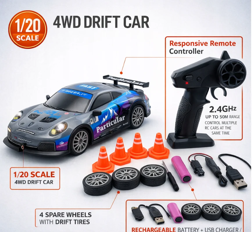 Remote Control Speed Racing 1:20 Scale RC Porsche 4x4 Drifting Car 2.4G RC Drift Car with LED Light, Rechargeable Remote Control Racing Car Vehicle Replaceable Tire Competition Race Car Toy For Kids Boys Best Toy Gifts