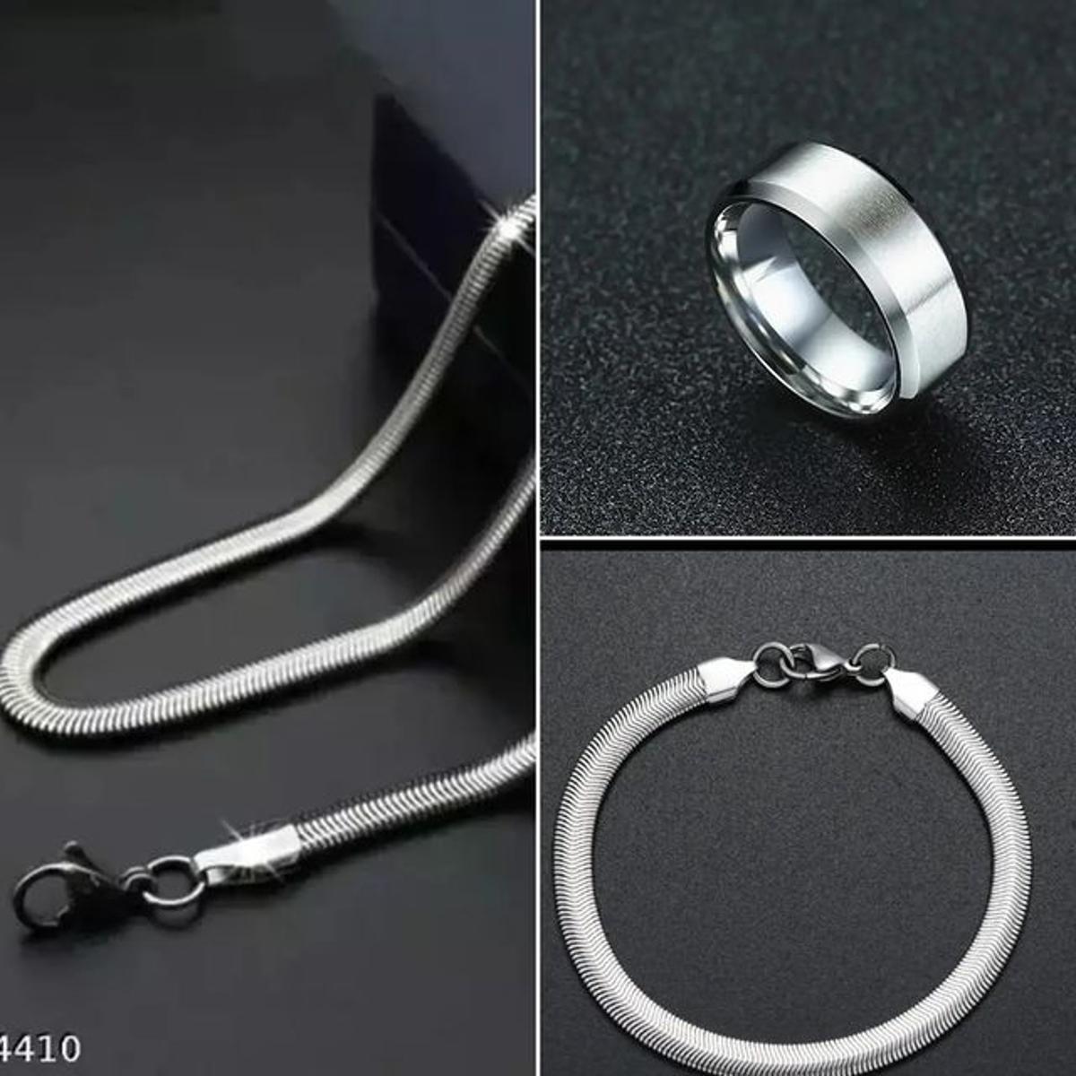 Pack of 3 Silver Stainless Steel Snake Chain Snake Bracelet and Silver ring.