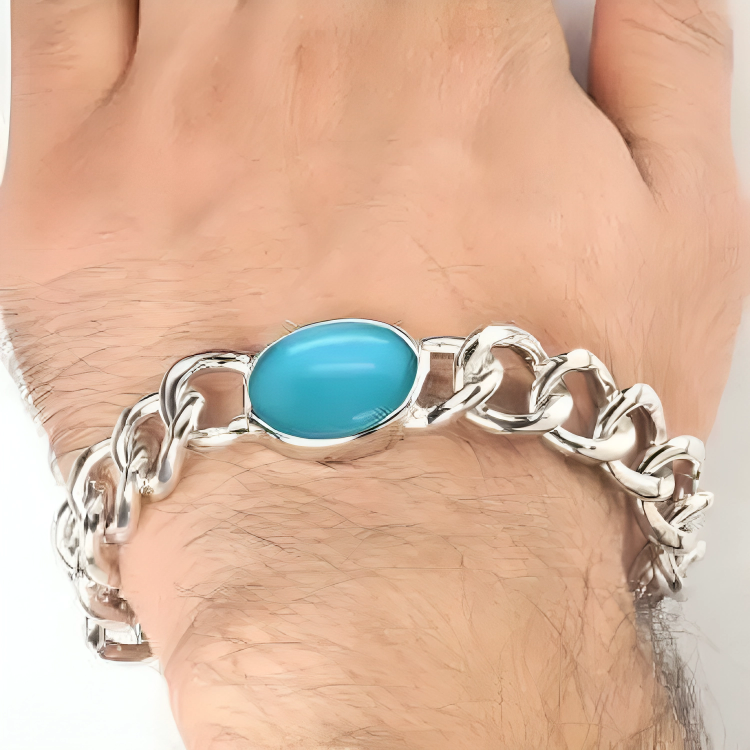 Fashion Jewellery Feroza Stone Silver with thick Chain Bracelet For (Men & Boys)