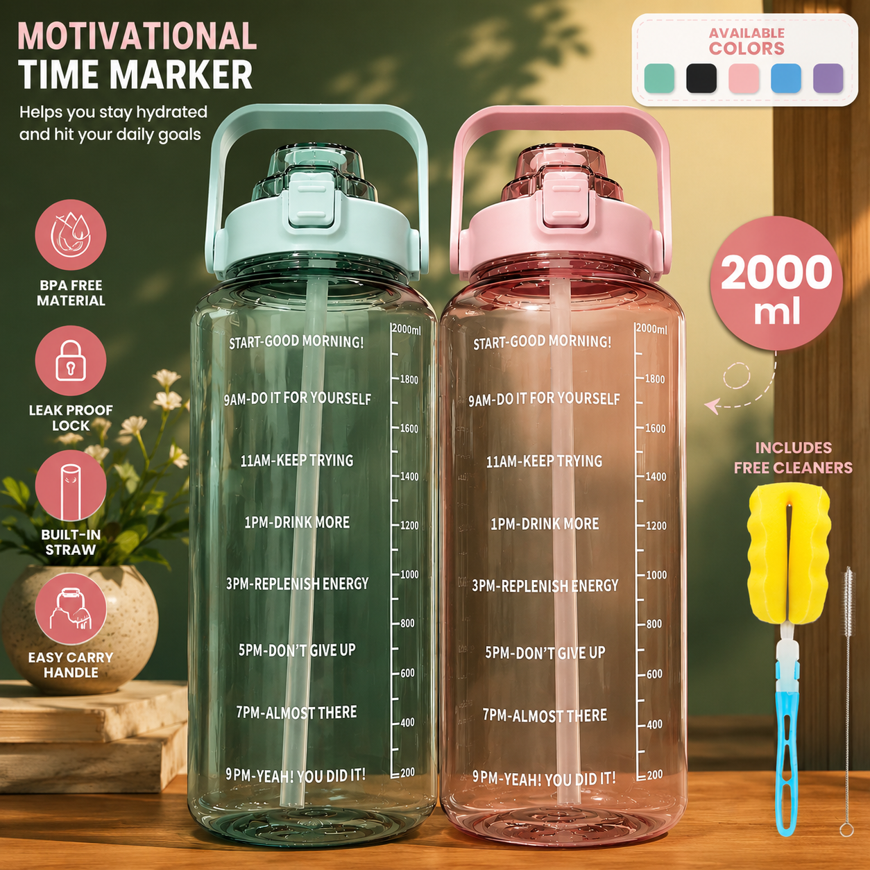 Water Bottle For Girls, 2000ML Water Bottle For Gym, Boys, Home Use And Travel Water Bottle 2000ML Motivational Transparent Drinking Water Bottle With Straw, Beautiful Water Bottle For School For Girls And Boys, Fitness, Outdoor Sports,