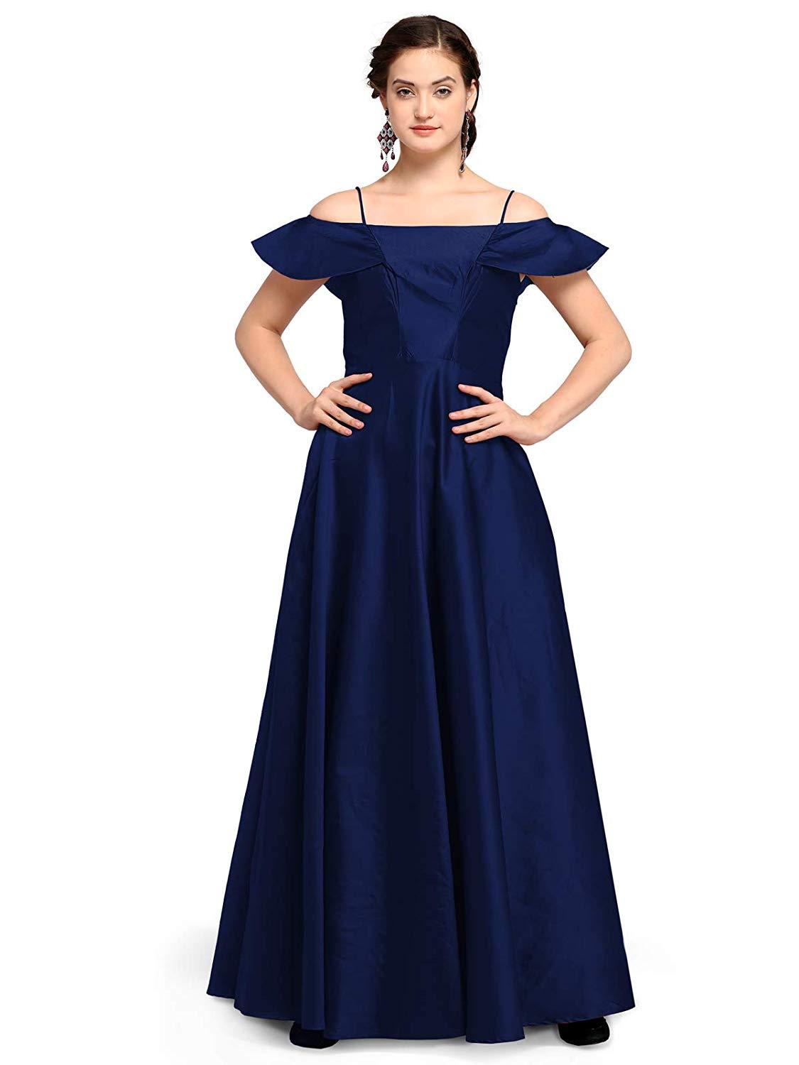 Blue Silk Flared Solid Long Maxi Dress 